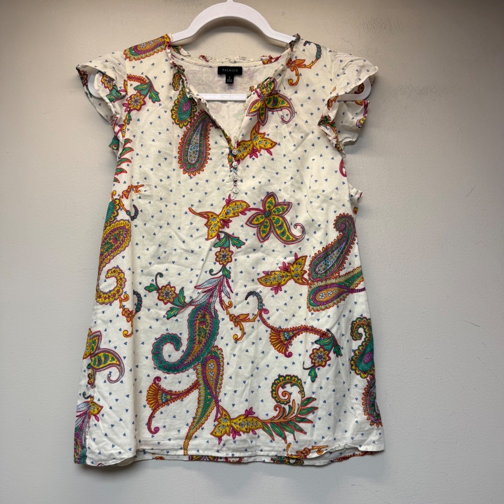 Talbots Blouse Womens‎ Small White Paisley Ruffle Cap Sleeve Cotton Excellent